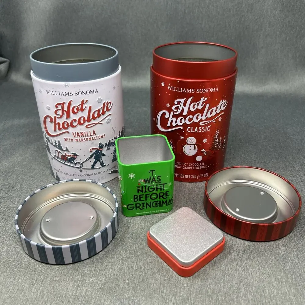 3pc Christmas Tin Bundle Williams & Sonoma Hot Chocolate + Mini Grinch Tin EMPTY
